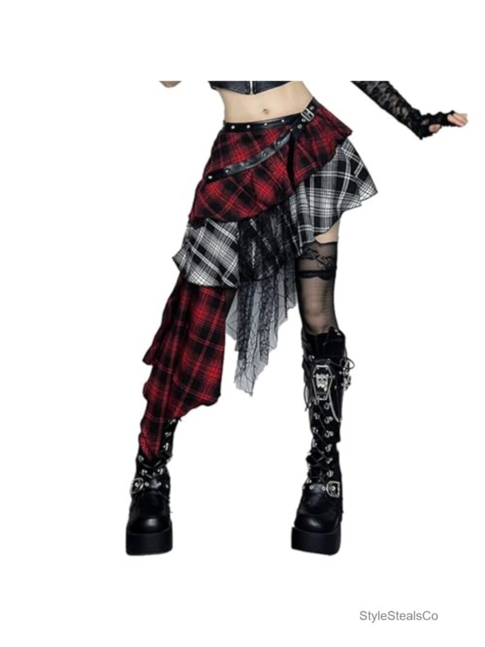 Women Gothic Pleated A Line Mini Skirt High Waisted Double Layered